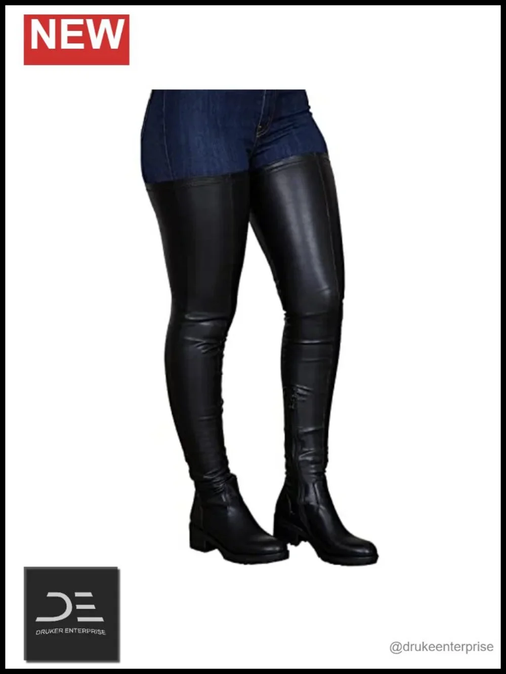 Women's Thigh High Boots Round Toe Low Chunky Heel Side Zipper